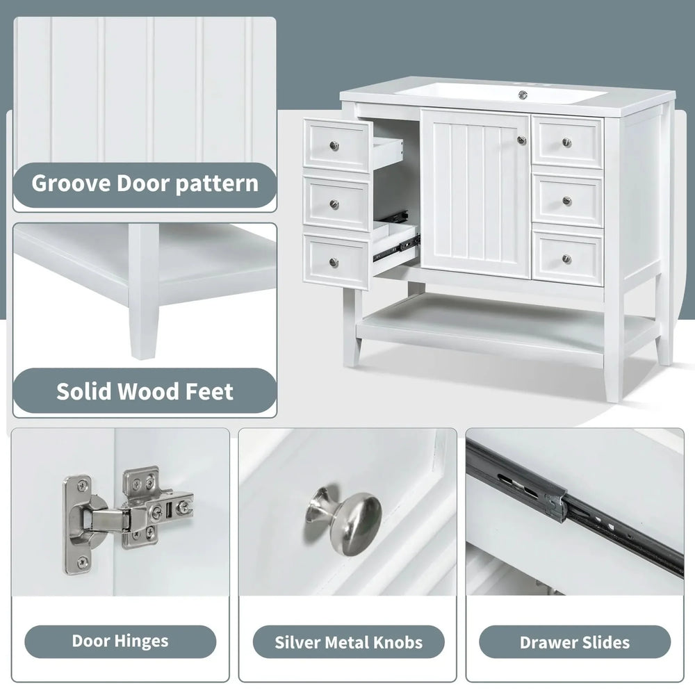 Bathroom Vanity With Sink 36 Inch Solid Wood White Cabinet & Drawers Media 6