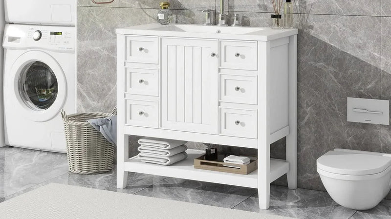 Bathroom Vanity With Sink 36 Inch Solid Wood White Cabinet & Drawers