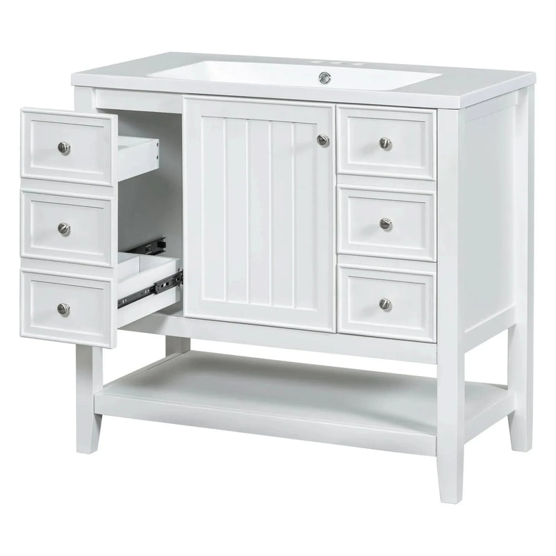 Bathroom Vanity With Sink 36 Inch Solid Wood White Cabinet & Drawers