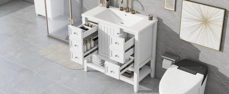 Bathroom Vanity With Sink 36 Inch Solid Wood White Cabinet & Drawers