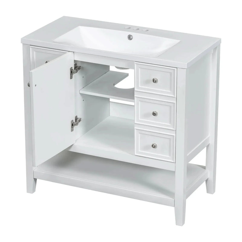 Bathroom Vanity With Sink 36 Inch Solid Wood White Cabinet & Drawers