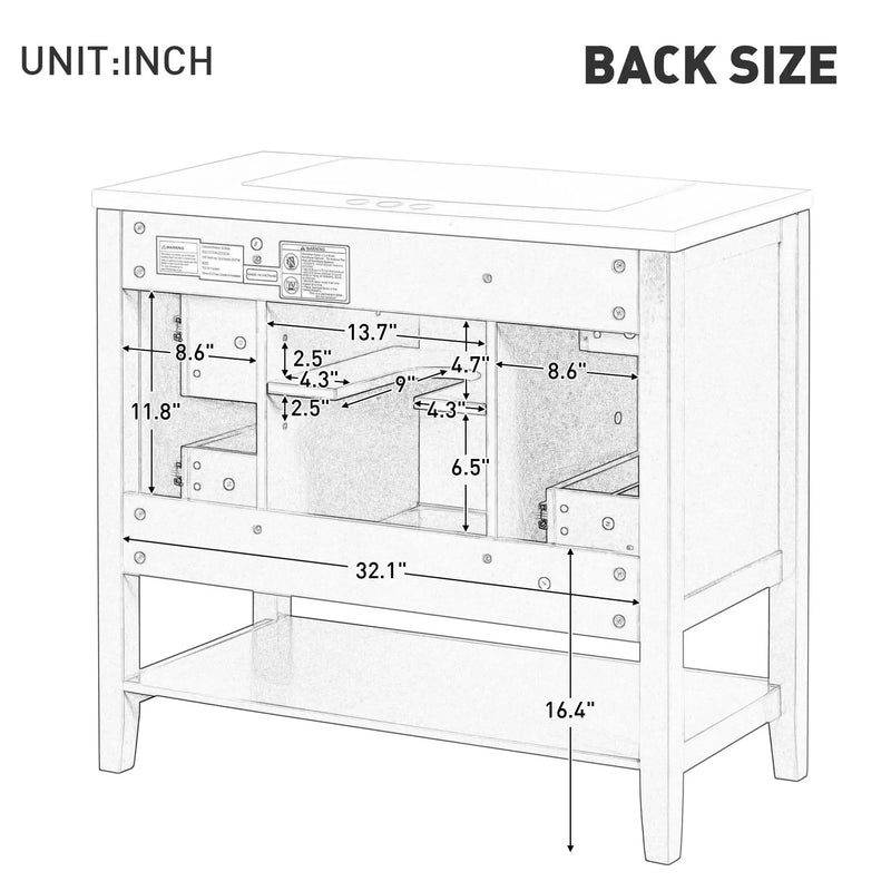 Bathroom Vanity With Sink 36 Inch Solid Wood White Cabinet & Drawers