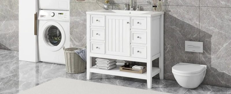 Bathroom Vanity With Sink 36 Inch Solid Wood White Cabinet & Drawers