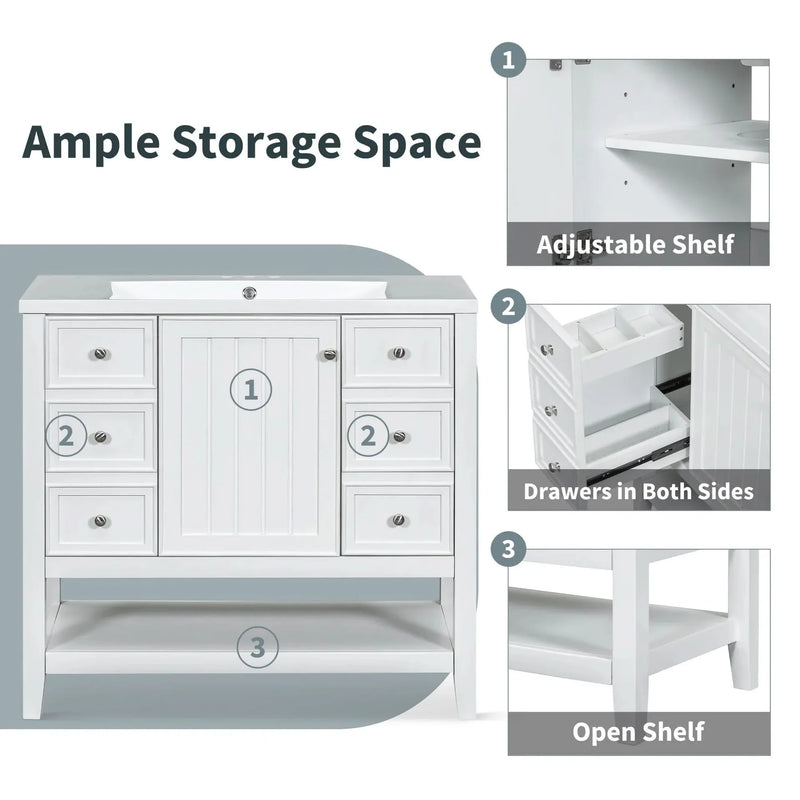 Bathroom Vanity With Sink 36 Inch Solid Wood White Cabinet & Drawers