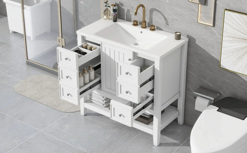 Bathroom Vanity With Sink 36 Inch Solid Wood White Cabinet & Drawers