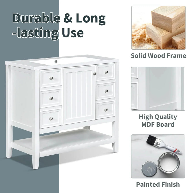 Bathroom Vanity With Sink 36 Inch Solid Wood White Cabinet & Drawers