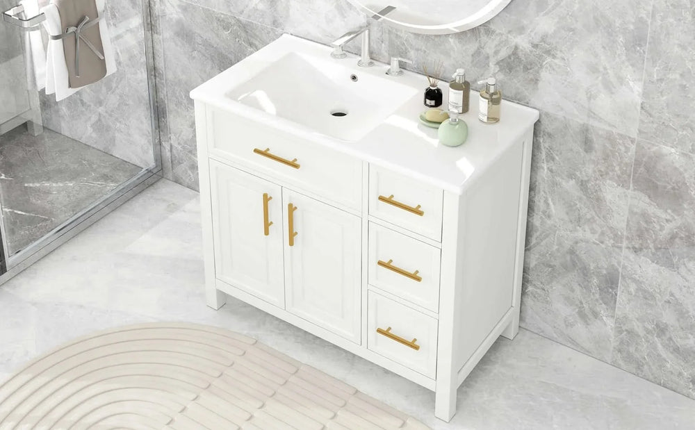 Bathroom Vanity Solid Wood & MDF White Finish With Sink Top & Ample Storage Media 34