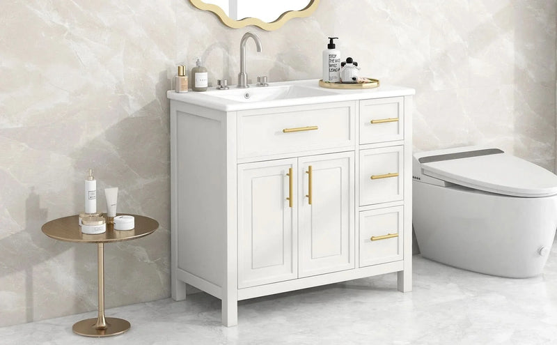 Bathroom Vanity Solid Wood & MDF White Finish With Sink Top & Ample Storage