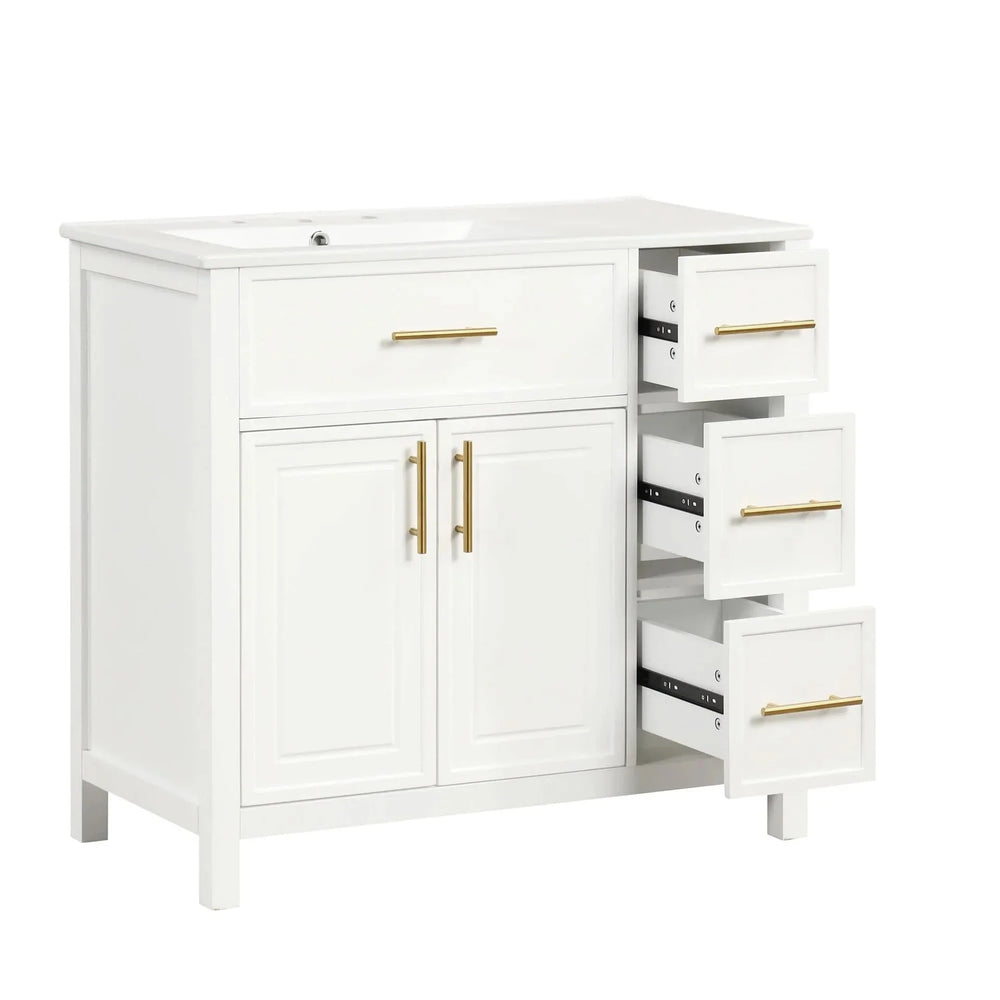 Bathroom Vanity Solid Wood & MDF White Finish With Sink Top & Ample Storage Media 15