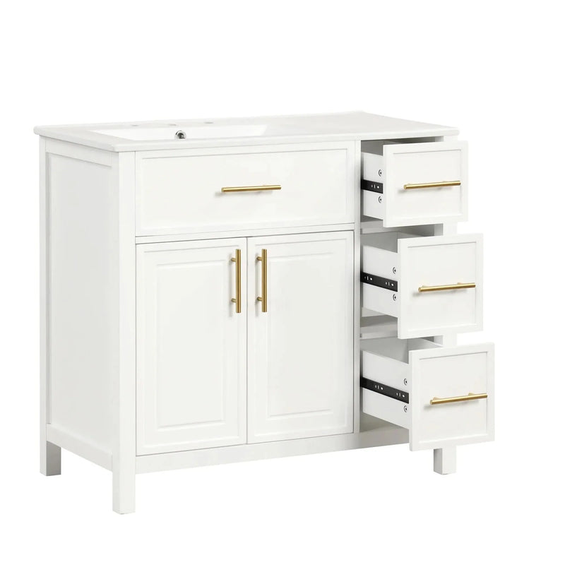 Bathroom Vanity Solid Wood & MDF White Finish With Sink Top & Ample Storage