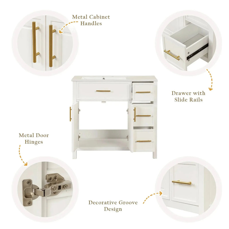 Bathroom Vanity Solid Wood & MDF White Finish With Sink Top & Ample Storage