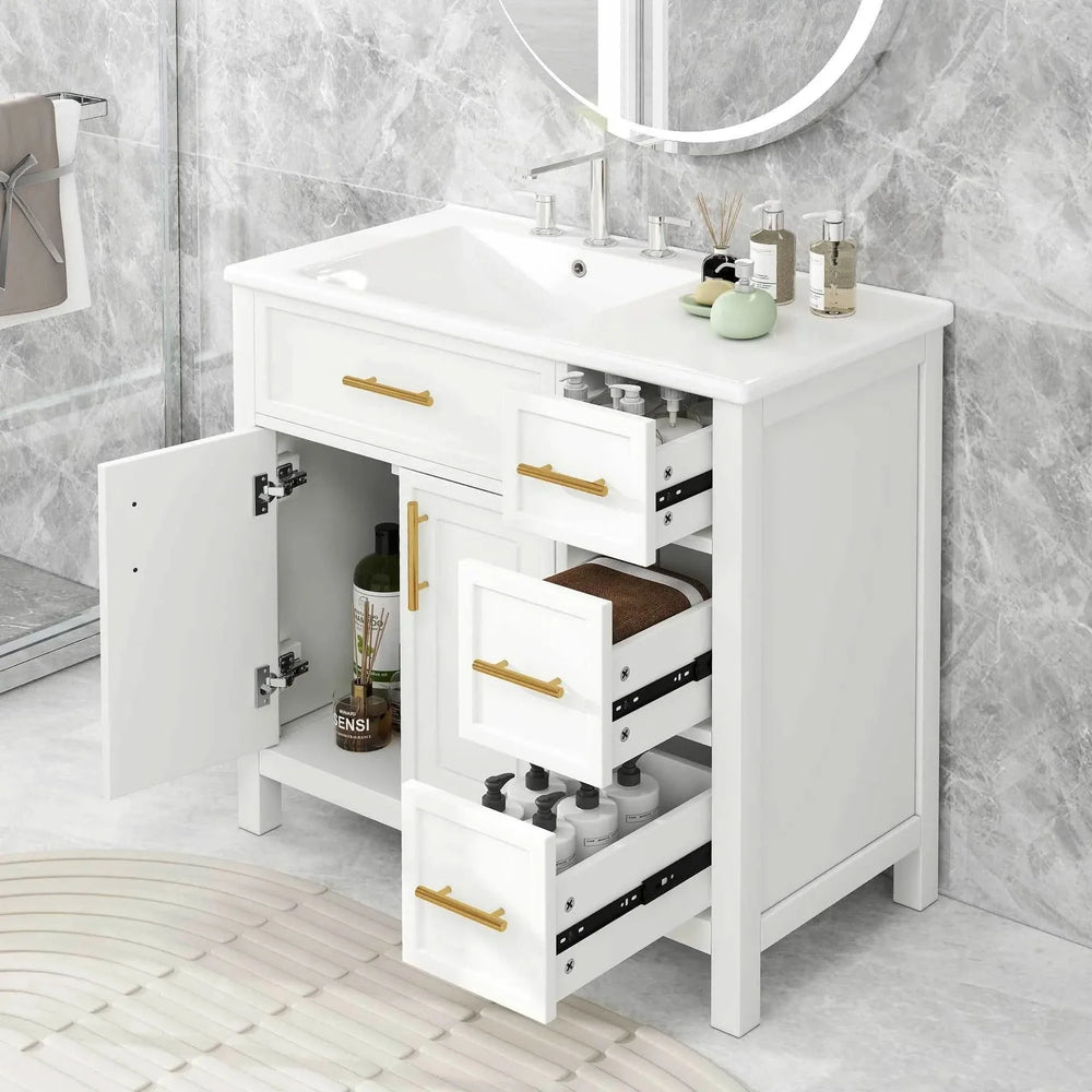 36' Bathroom Vanity with Sink Top, Bathroom Vanity Cabinet with Two Doors and Three Drawers, Solid Wood , MDF Boards ,One Package, White (Old Sku:WF319757AAK) - DTY Store
