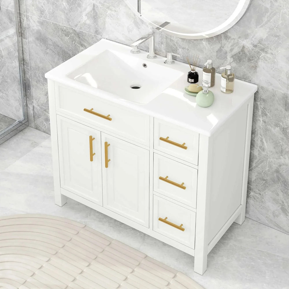 36' Bathroom Vanity with Sink Top, Bathroom Vanity Cabinet with Two Doors and Three Drawers, Solid Wood , MDF Boards ,One Package, White (Old Sku:WF319757AAK) - DTY Store