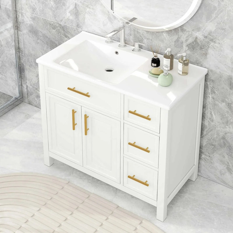 Bathroom Vanity Solid Wood & MDF White Finish With Sink Top & Ample Storage