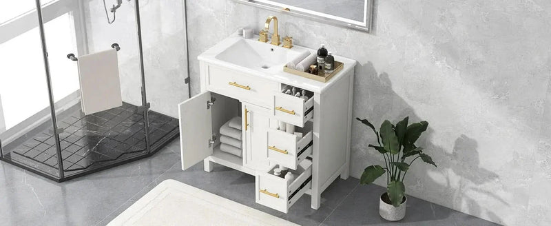 Bathroom Vanity Solid Wood & MDF White Finish With Sink Top & Ample Storage