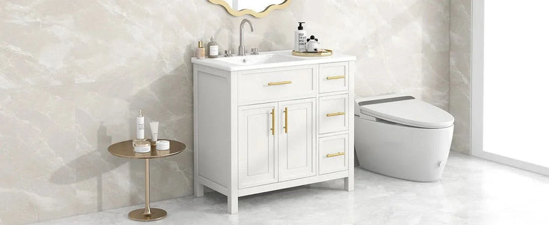 Bathroom Vanity Solid Wood & MDF White Finish With Sink Top & Ample Storage