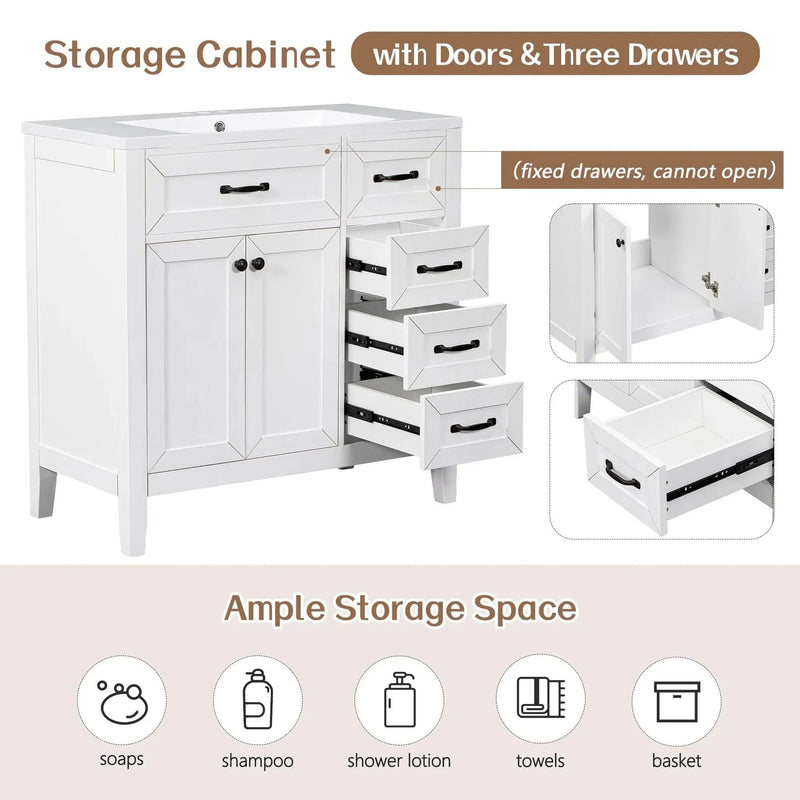 Bathroom Vanity Base 36 Inch Solid Wood With Drawers Cabinet Base