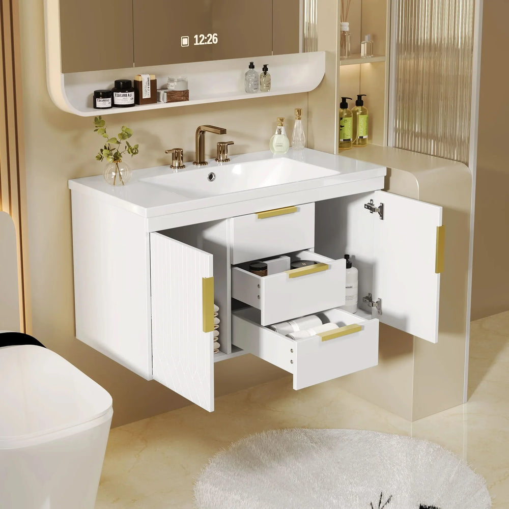 Bathroom Vanity Wall Mount Wood Storage Cabinet 2 Drawers Modern White Media 4