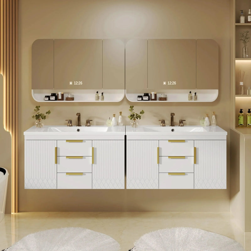 Bathroom Vanity Wall Mount Wood Storage Cabinet 2 Drawers Modern White