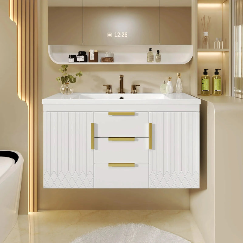 Bathroom Vanity Wall Mount Wood Storage Cabinet 2 Drawers Modern White