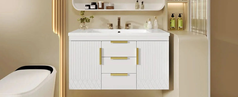 Bathroom Vanity Wall Mount Wood Storage Cabinet 2 Drawers Modern White