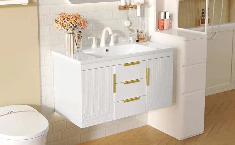 Bathroom Vanity Wall Mount Wood Storage Cabinet 2 Drawers Modern White