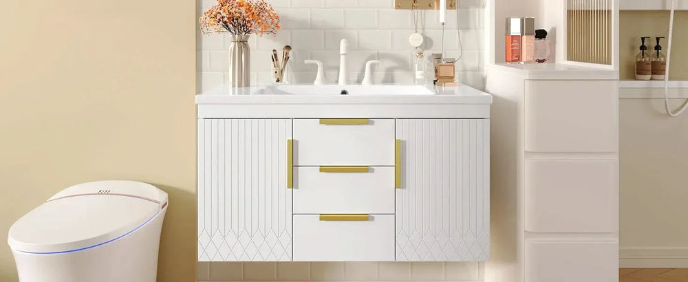 Bathroom Vanity Wall Mount Wood Storage Cabinet 2 Drawers Modern White Media 24