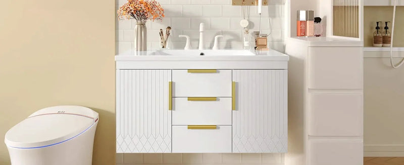 Bathroom Vanity Wall Mount Wood Storage Cabinet 2 Drawers Modern White