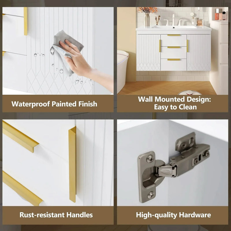 Bathroom Vanity Wall Mount Wood Storage Cabinet 2 Drawers Modern White