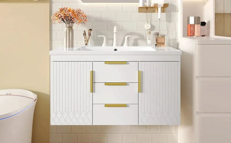 Bathroom Vanity Wall Mount Wood Storage Cabinet 2 Drawers Modern White