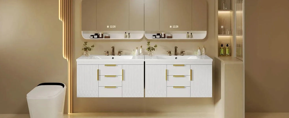 Bathroom Vanity Wall Mount Wood Storage Cabinet 2 Drawers Modern White Media 25