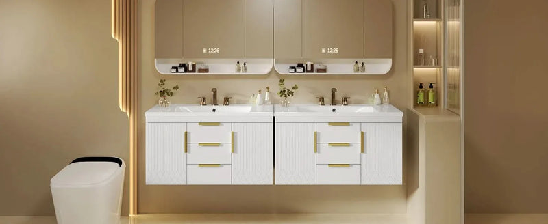 Bathroom Vanity Wall Mount Wood Storage Cabinet 2 Drawers Modern White