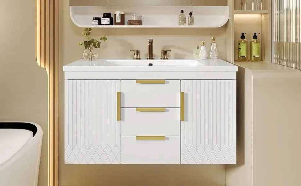 Bathroom Vanity Wall Mount Wood Storage Cabinet 2 Drawers Modern White Media 19