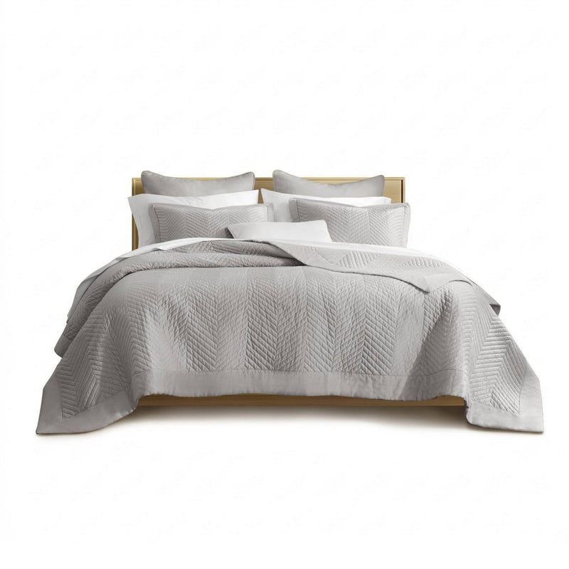King 3 Piece Cotton Quilt Set Light Gray