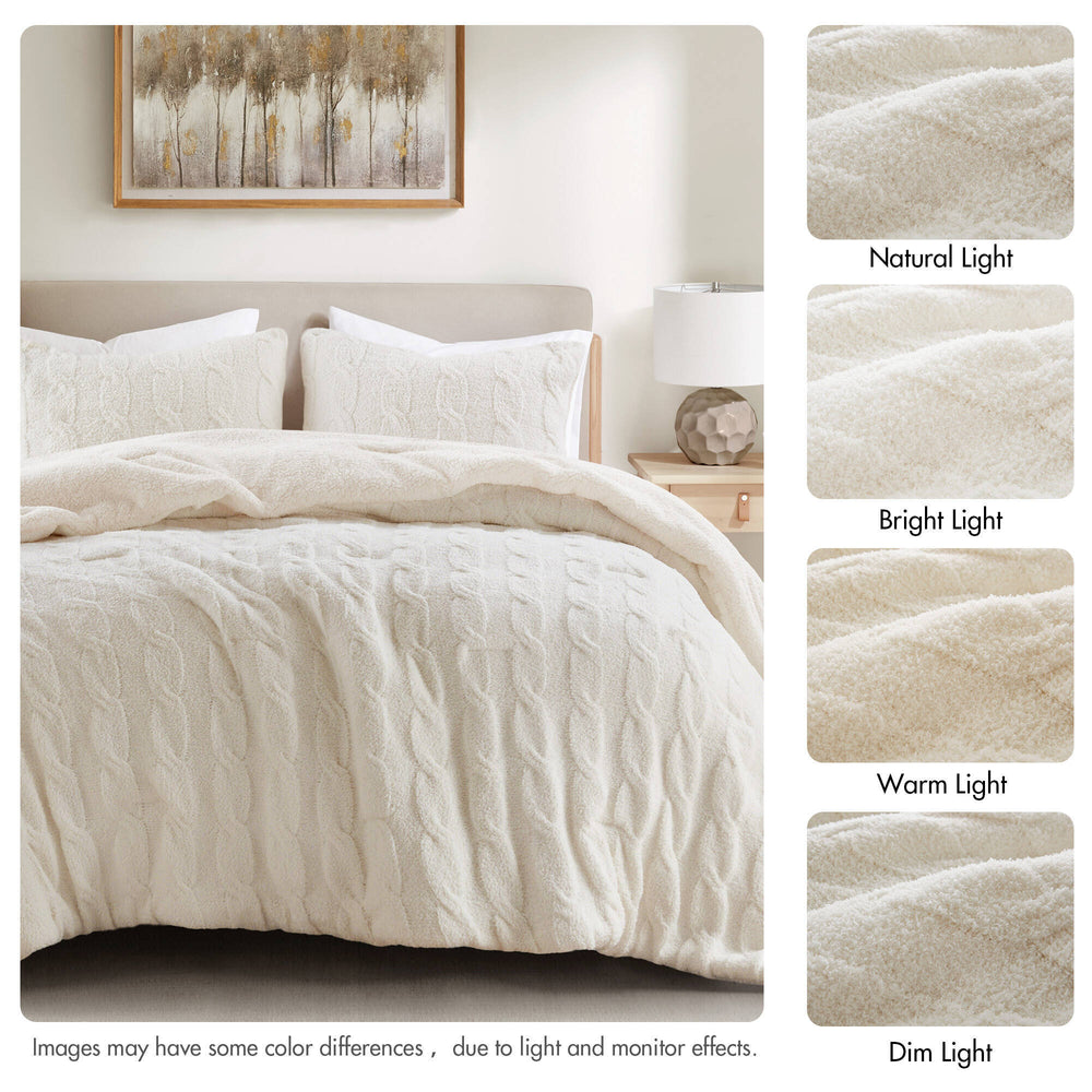 2 Pieces Twin Cable Knit Chenille Comforter Set,Ivory Media 4