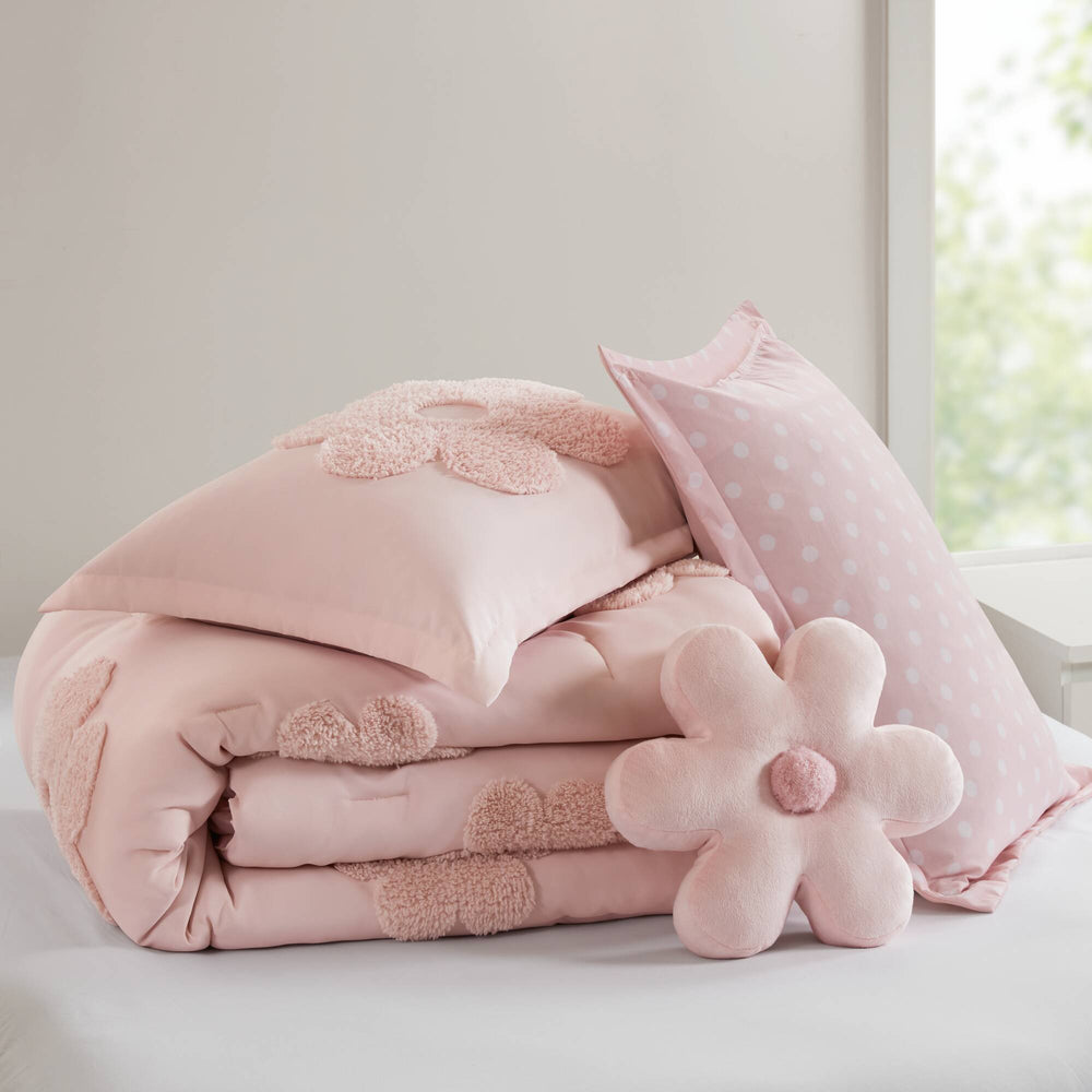4-Piece Full/Queen Floral Reversible Tufted Chenille Comforter Set with Flower Throw Pillow,Pink Media 16