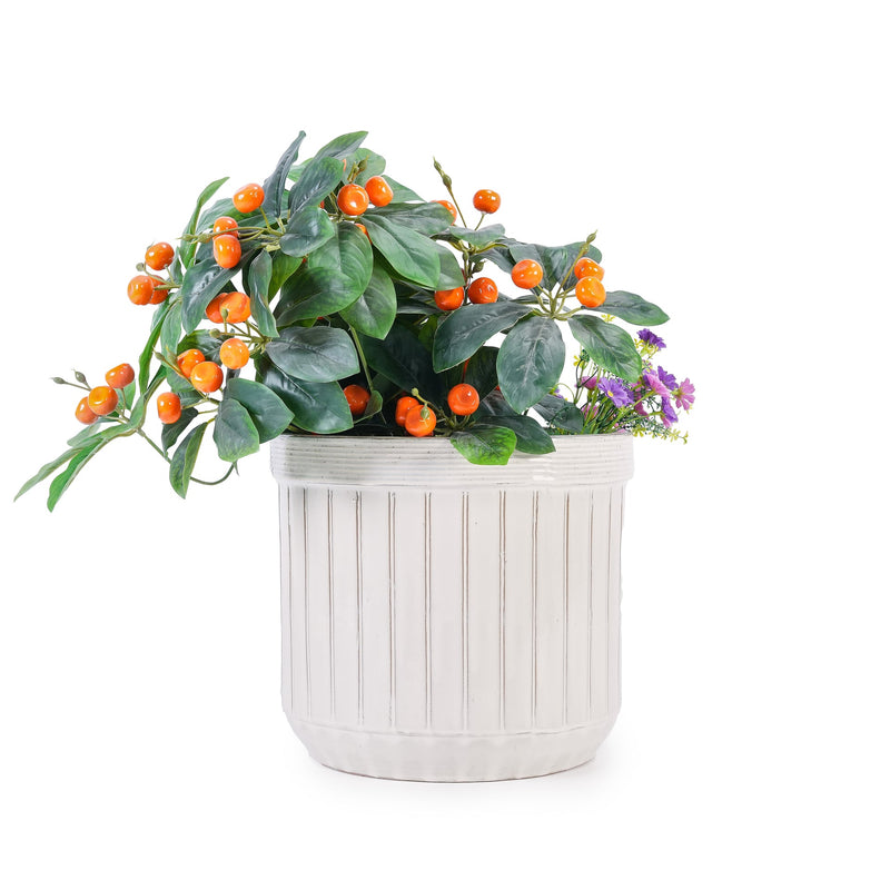 Handmade White Ceramic Planter Set of 4, 6/8/10/12 Inch Diameter, Vertical Line Pattern for Succulents & Cacti, Indoor/Outdoor Use on Windowsill & Bookshelf, Breathable Material