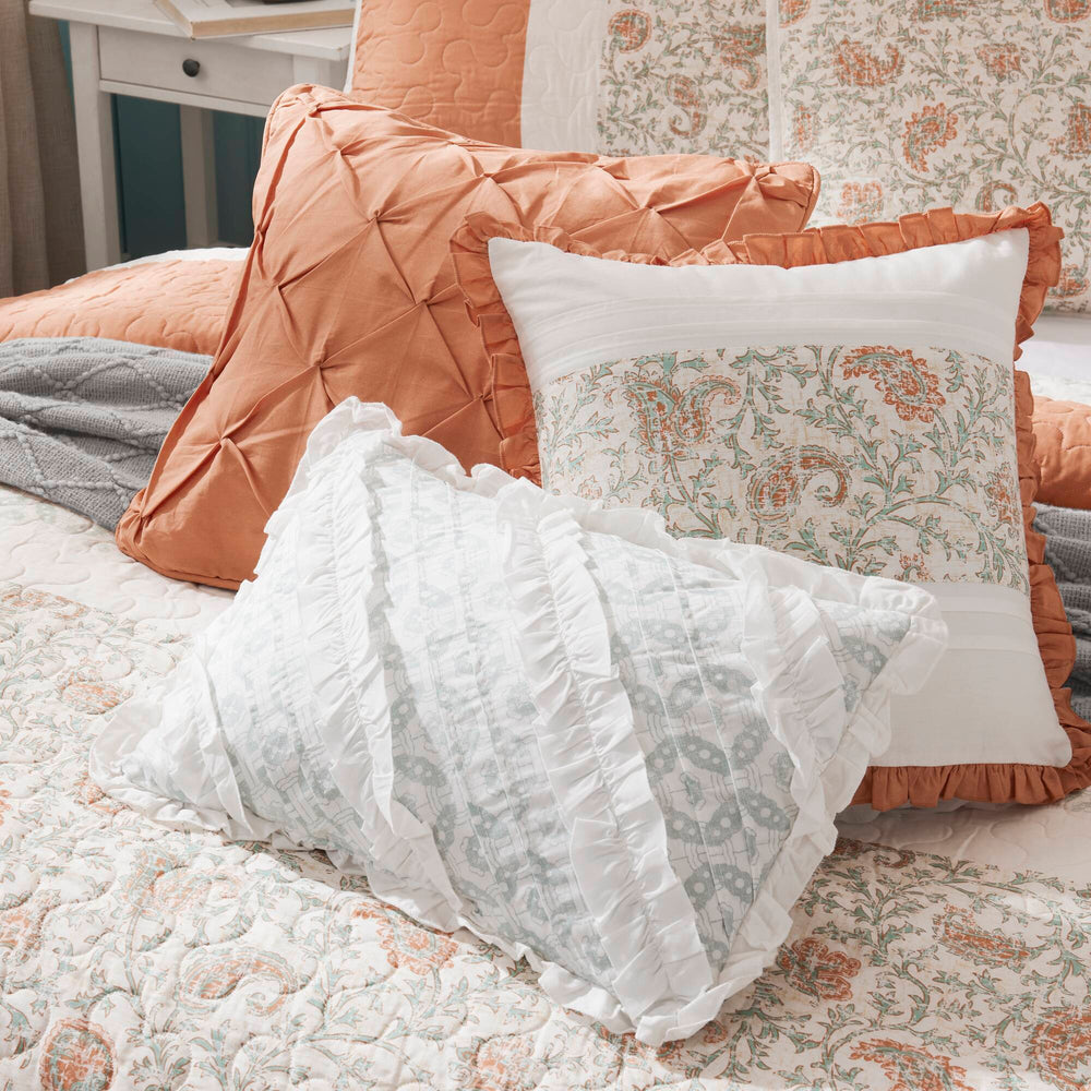 6 Piece Cotton Percale Quilt Set with Throw Pillows Coral Full/Queen Media 3
