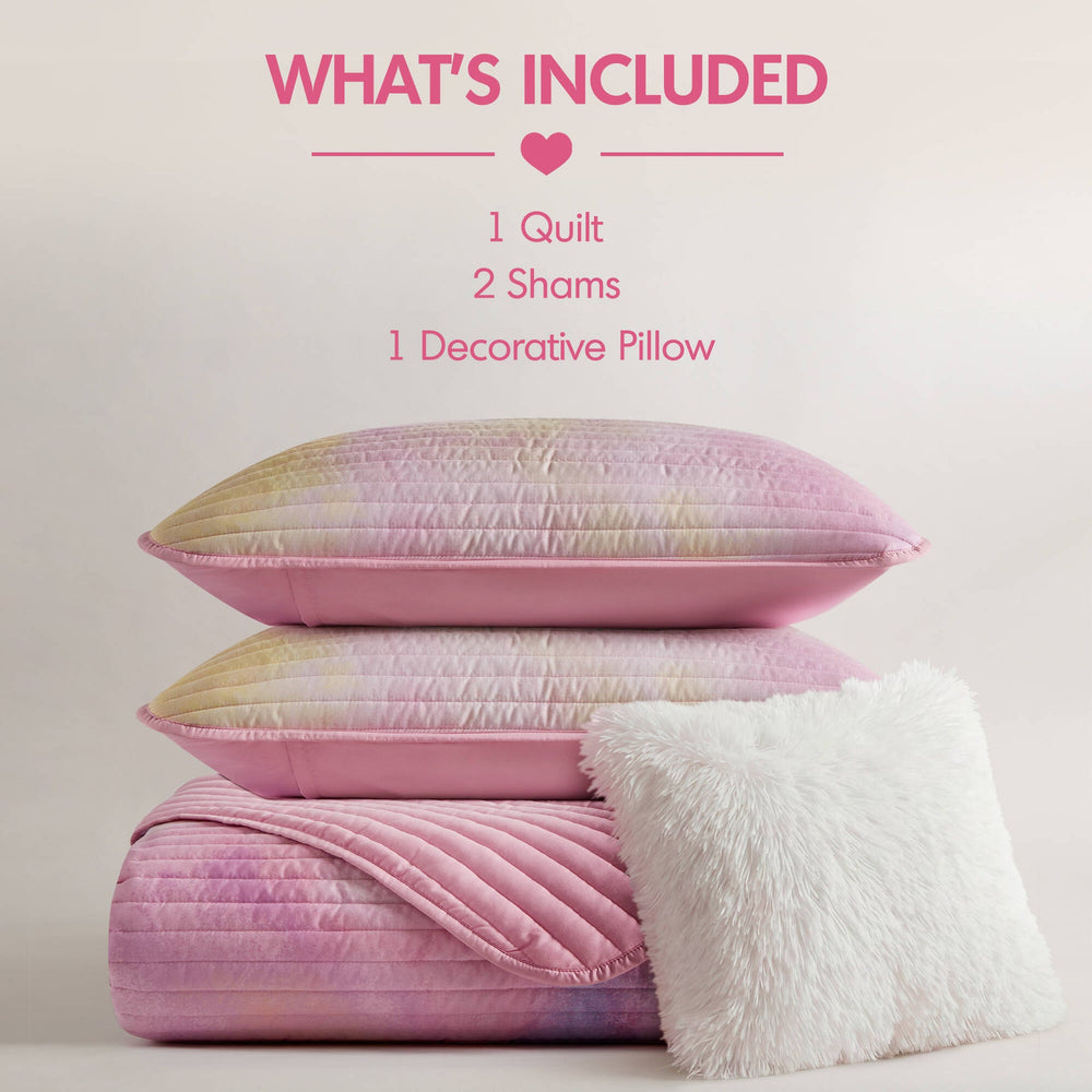 4 Pieces Full/Queen Watercolor Tie Dye Printed Quilt Set with Throw Pillow,Pink Media 10