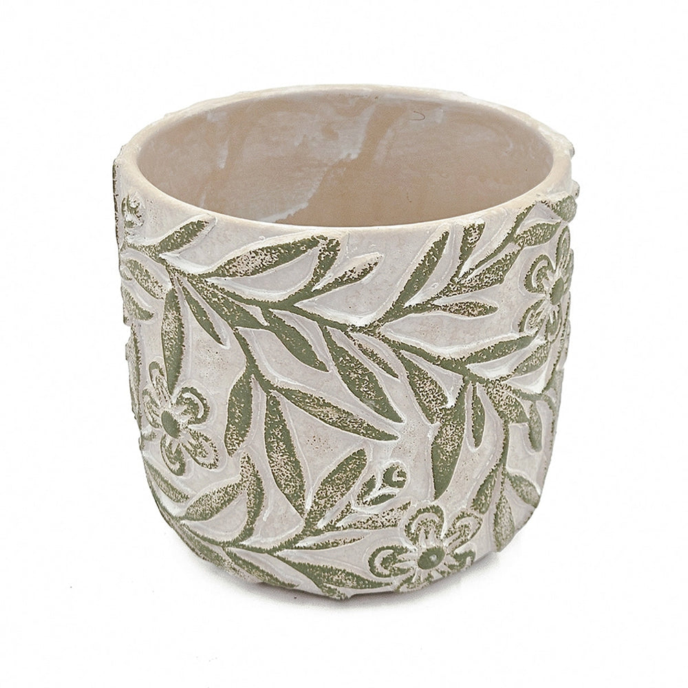 S/2 Gray Sand and Cement Planters with Etched Green Floral Motif, L:D6.7x6.3' S:D5.5x5' Media 6