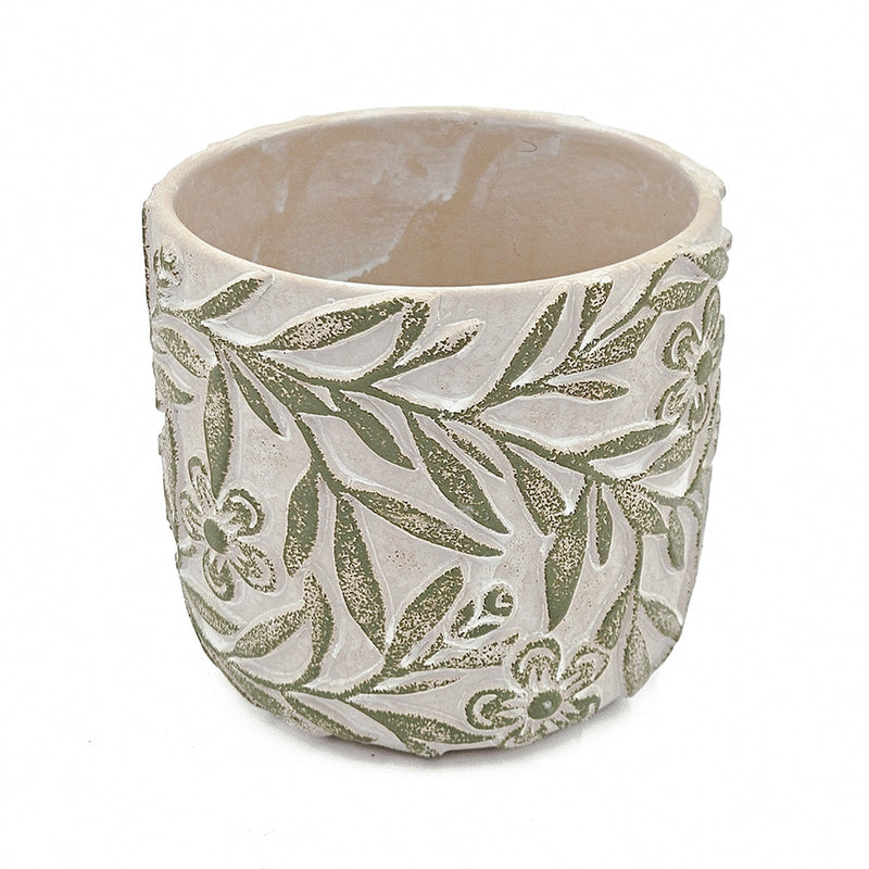 S/2 Gray Sand and Cement Planters with Etched Green Floral Motif, L:D6.7x6.3' S:D5.5x5'