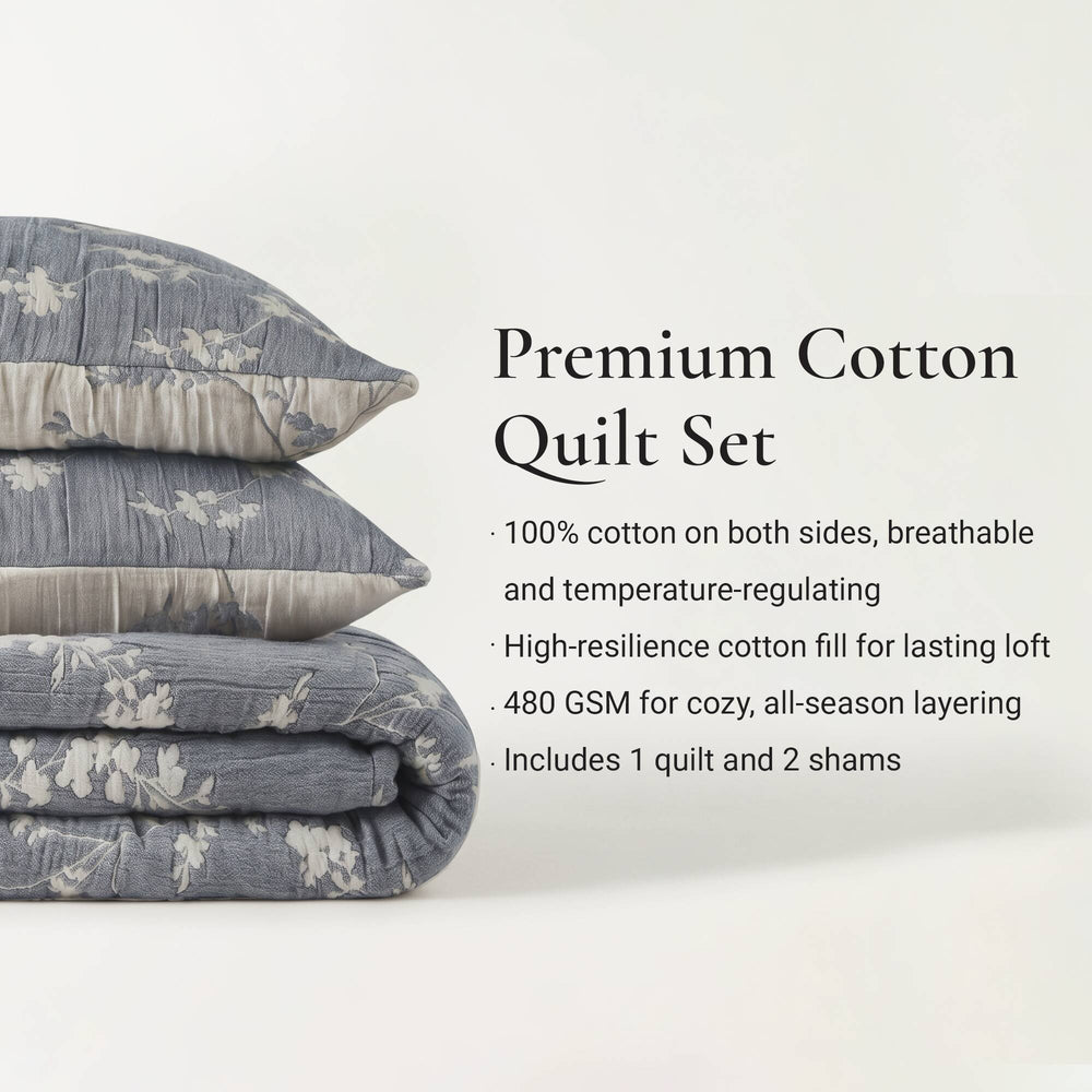 3 Pieces Full/Queen Jacquard Cotton Gauze Quilt Set,Blue Media 9