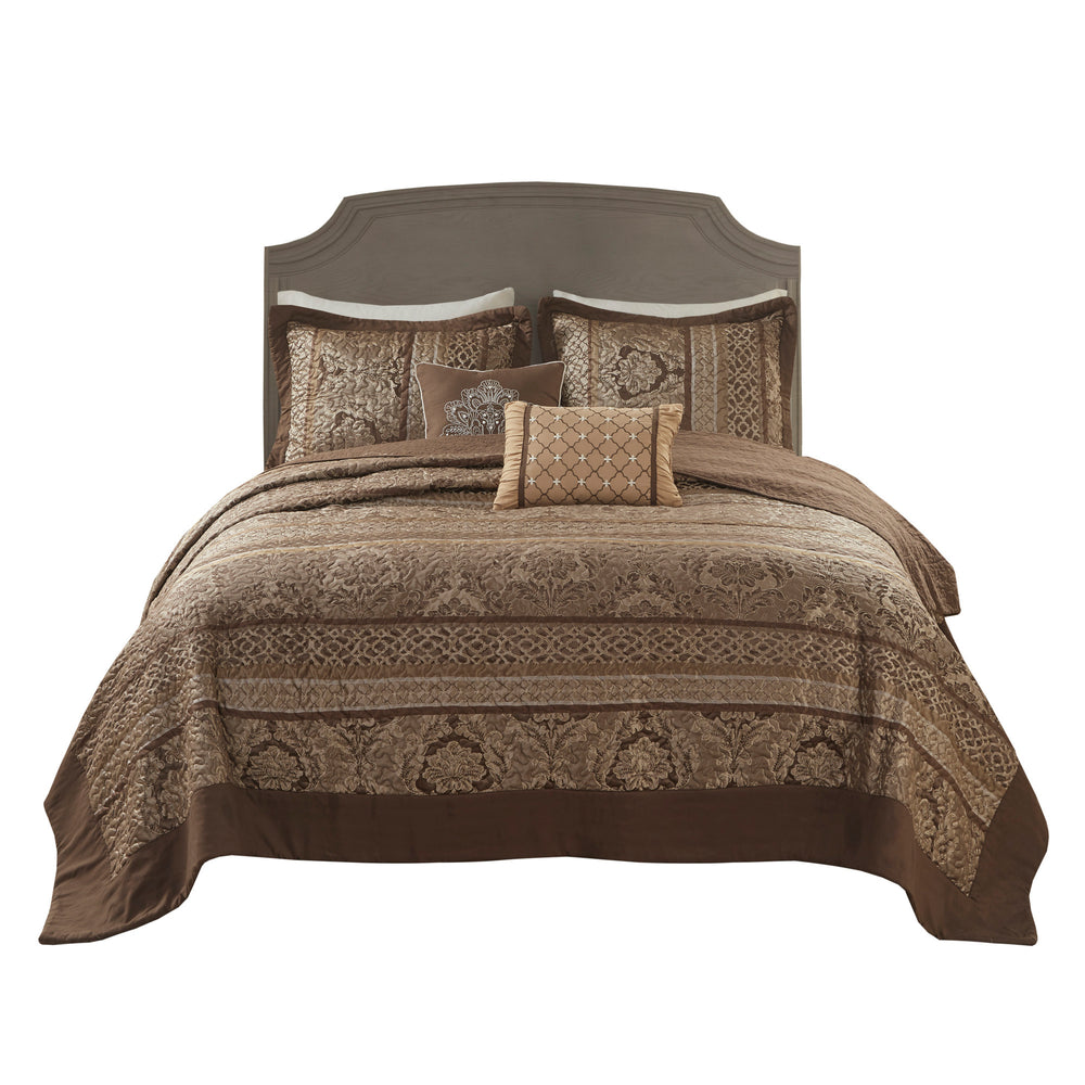 5 Piece Reversible Jacquard Bedspread Set Brown/Gold Queen Media 6