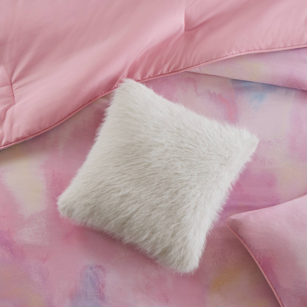4 Pieces Full/Queen Watercolor Tie Dye Printed Comforter Set with Throw Pillow,Pink Media 16
