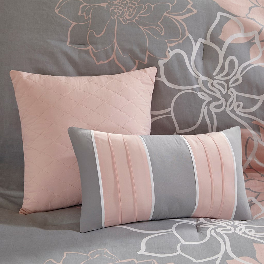 Printed Cotton Sateen Comforter Set Grey/Peach Cal King Media 3