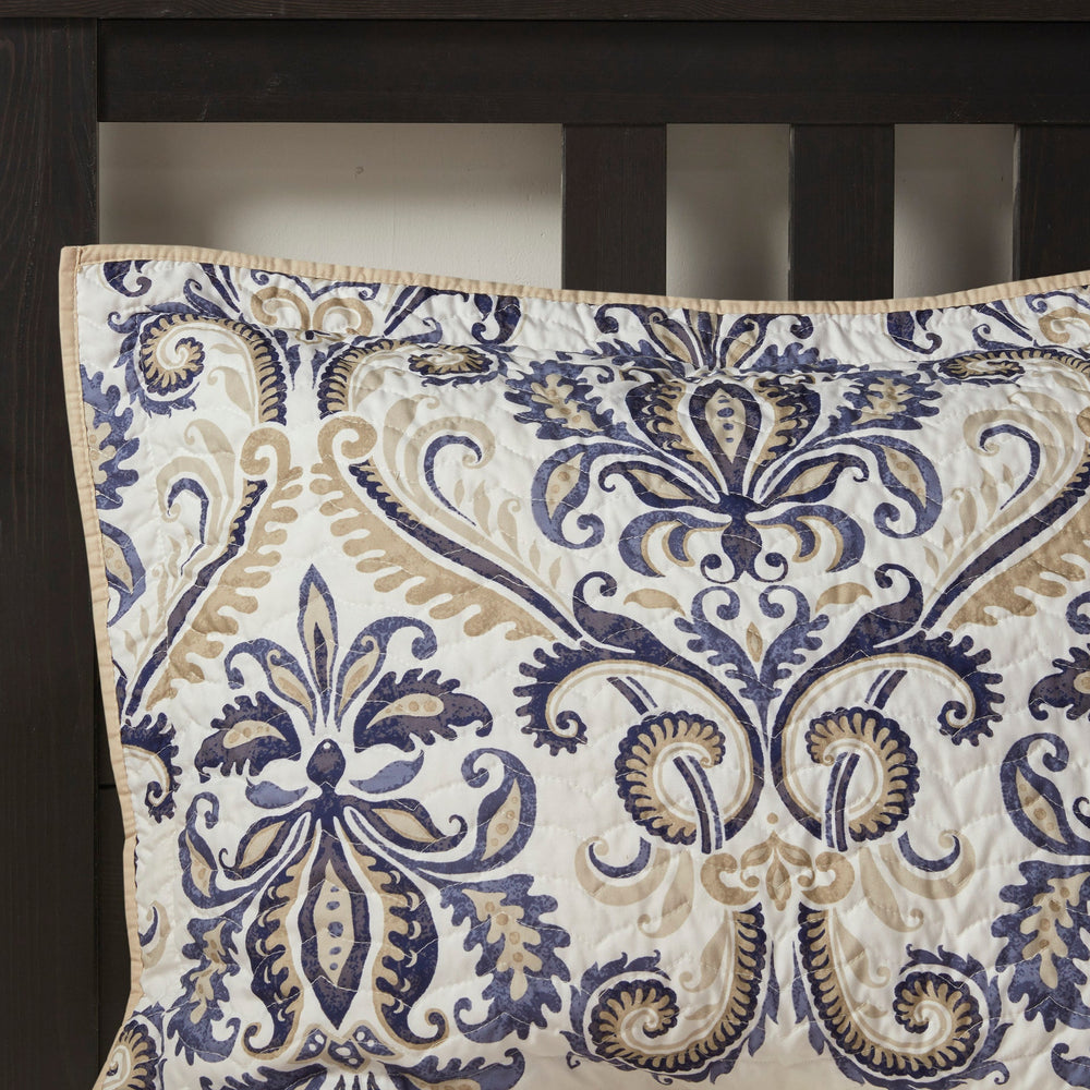 6 Piece Reversible Quilt Set with Throw Pillows Navy/Tan Full/Queen Media 9