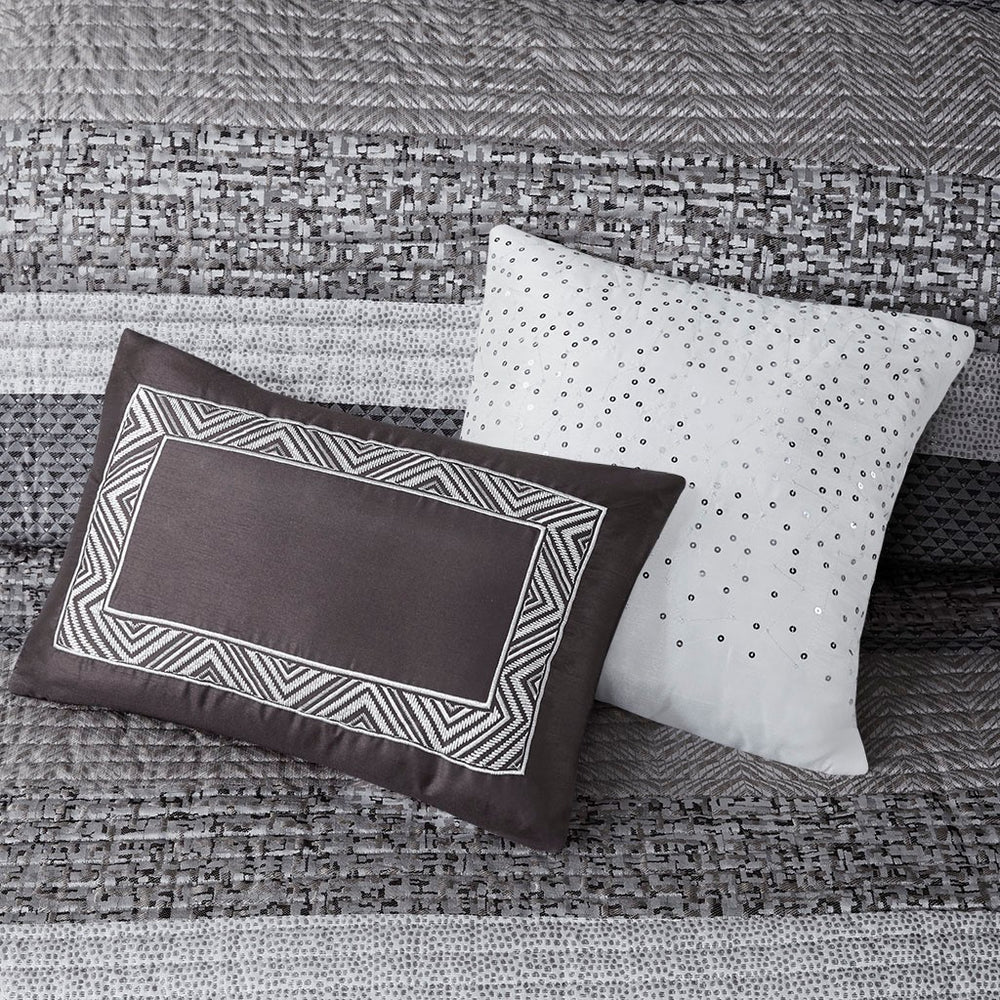 6 Piece Reversible Jacquard Quilt Set with Throw Pillows Grey/Taupe King/Cal King Media 10