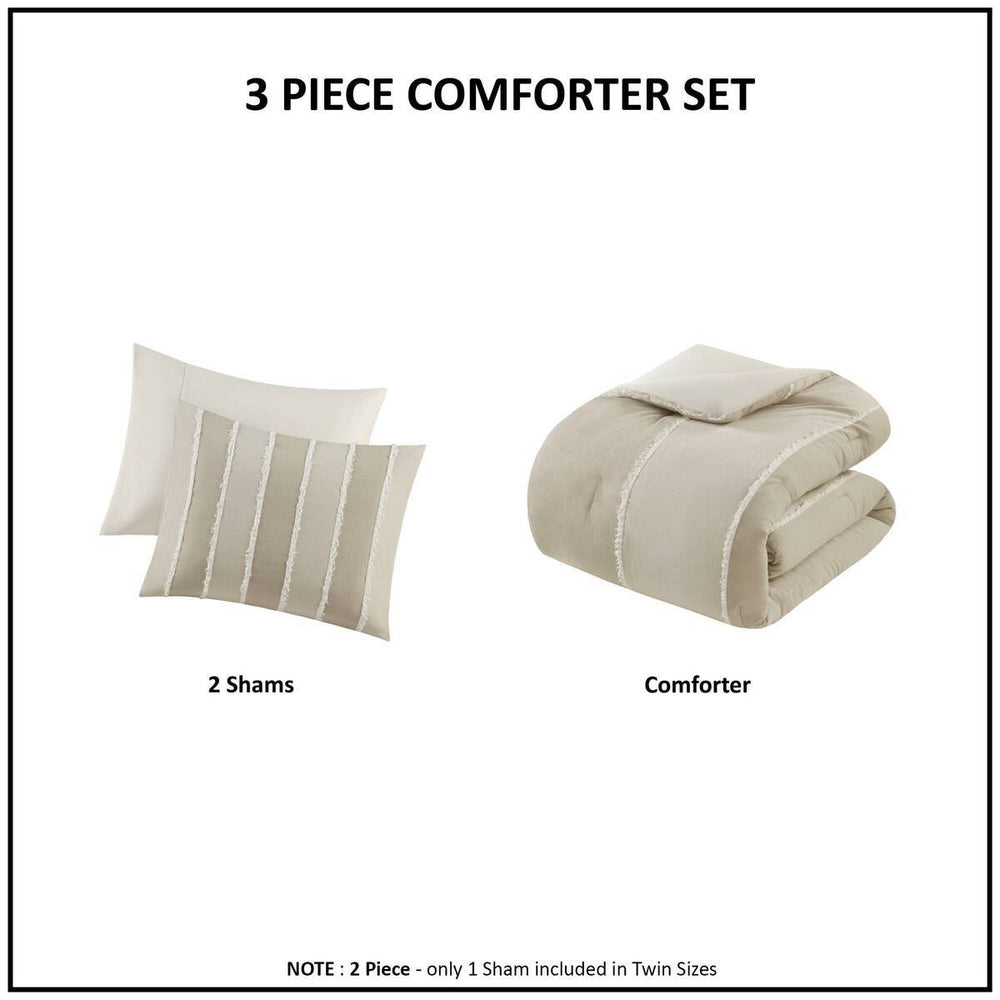 3 Piece Striped Cotton Comforter Set Taupe Full/Queen Media 7