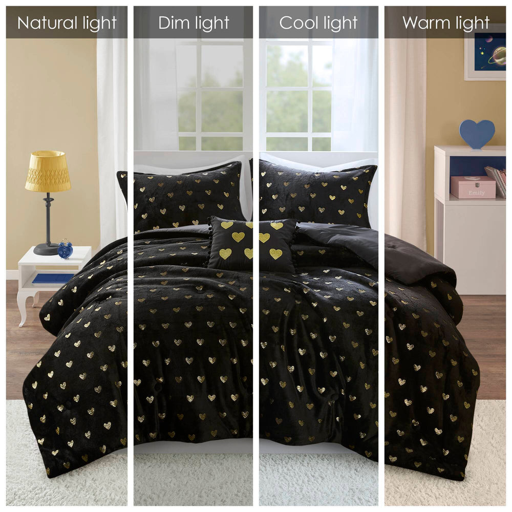4 PCS Full/Queen Metallic Printed Plush Comforter Set with Throw Pillow Black/Gold Media 5