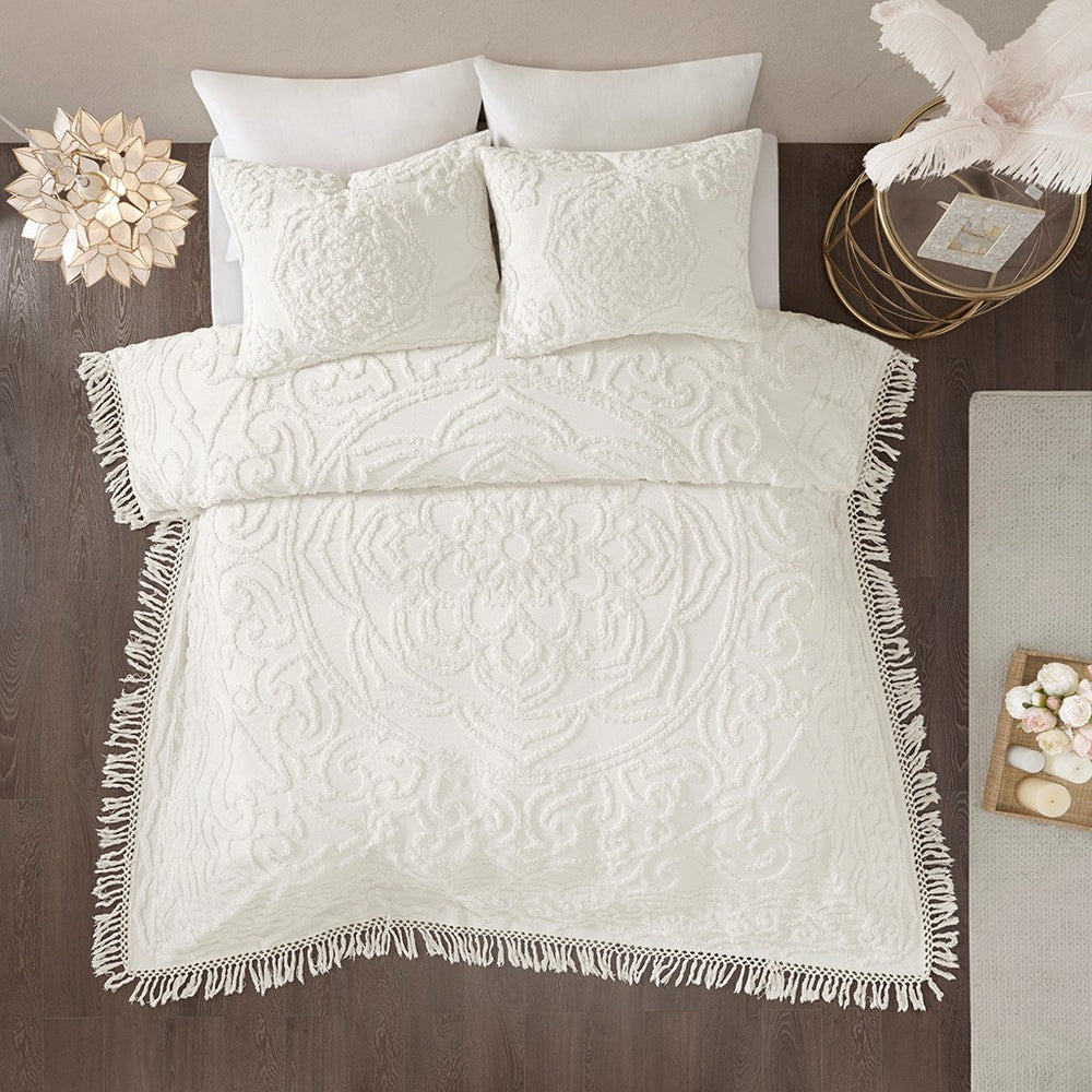 Tufted Cotton Chenille Medallion Fringe Coverlet Mini Set Off-White King/Cal King Media 3